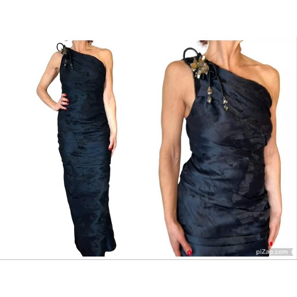 J MENDEL PARIS NAVY RUCHED ONE SHOULDER‎ JEWELED GEM GOWN LONG WIGGLE DRESS 2/4